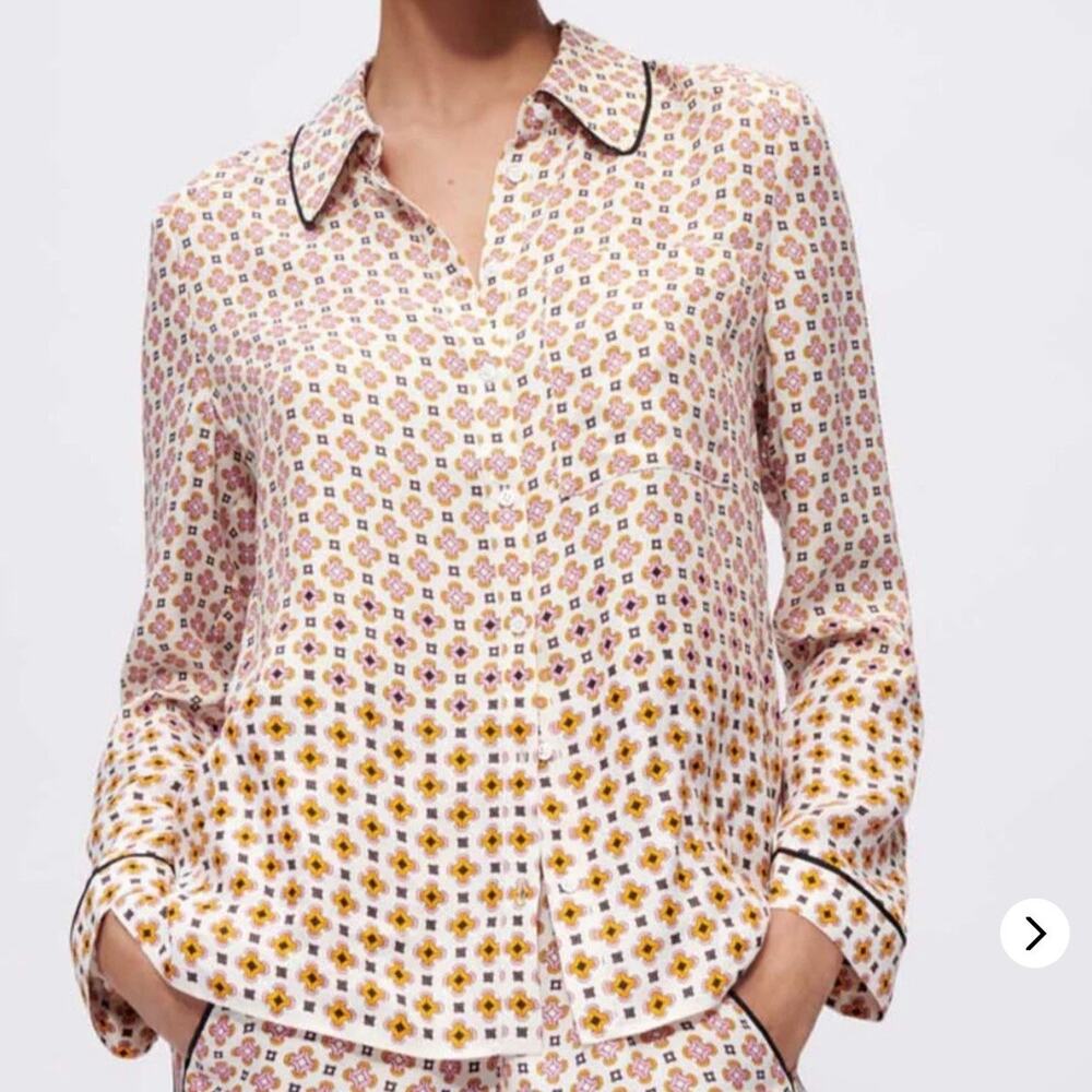 Maje Cimea Printed Satin Viscose Pajama-Style Shirt Sz 4 US XL Lightweight Geo
